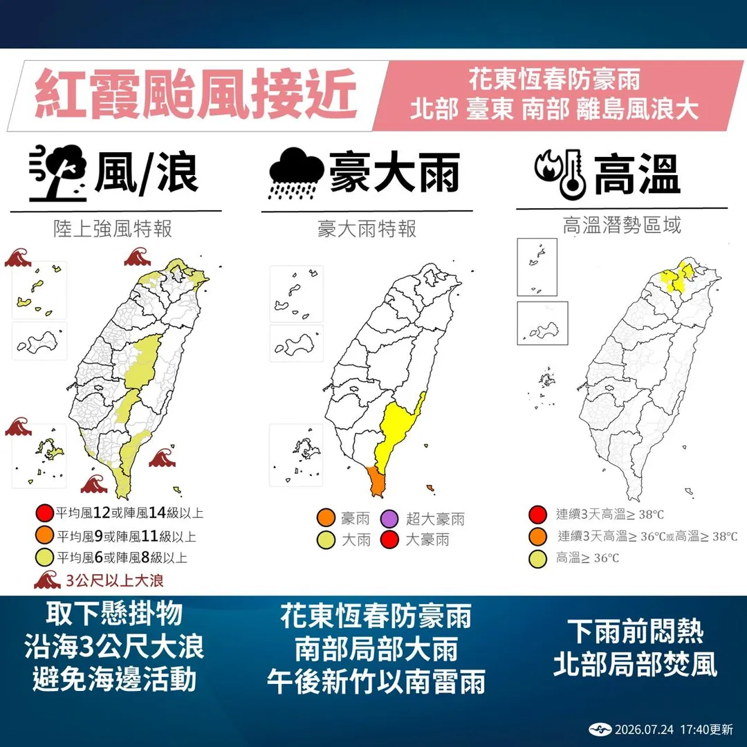 劉宇其表示，目前是颱風距離台灣最接近的時候，外圍環流帶來的降雨也開始影響台東、恆春半島地區。（圖／氣象署提供）