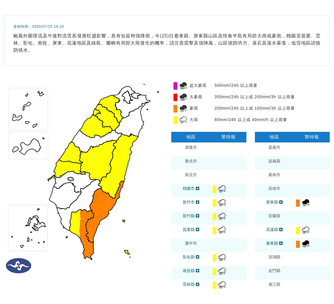 氣象署25日下午發布10縣市豪雨特報,彰化縣二林鎮留意2級淹水警戒。(圖/翻攝自中央氣象署官網)