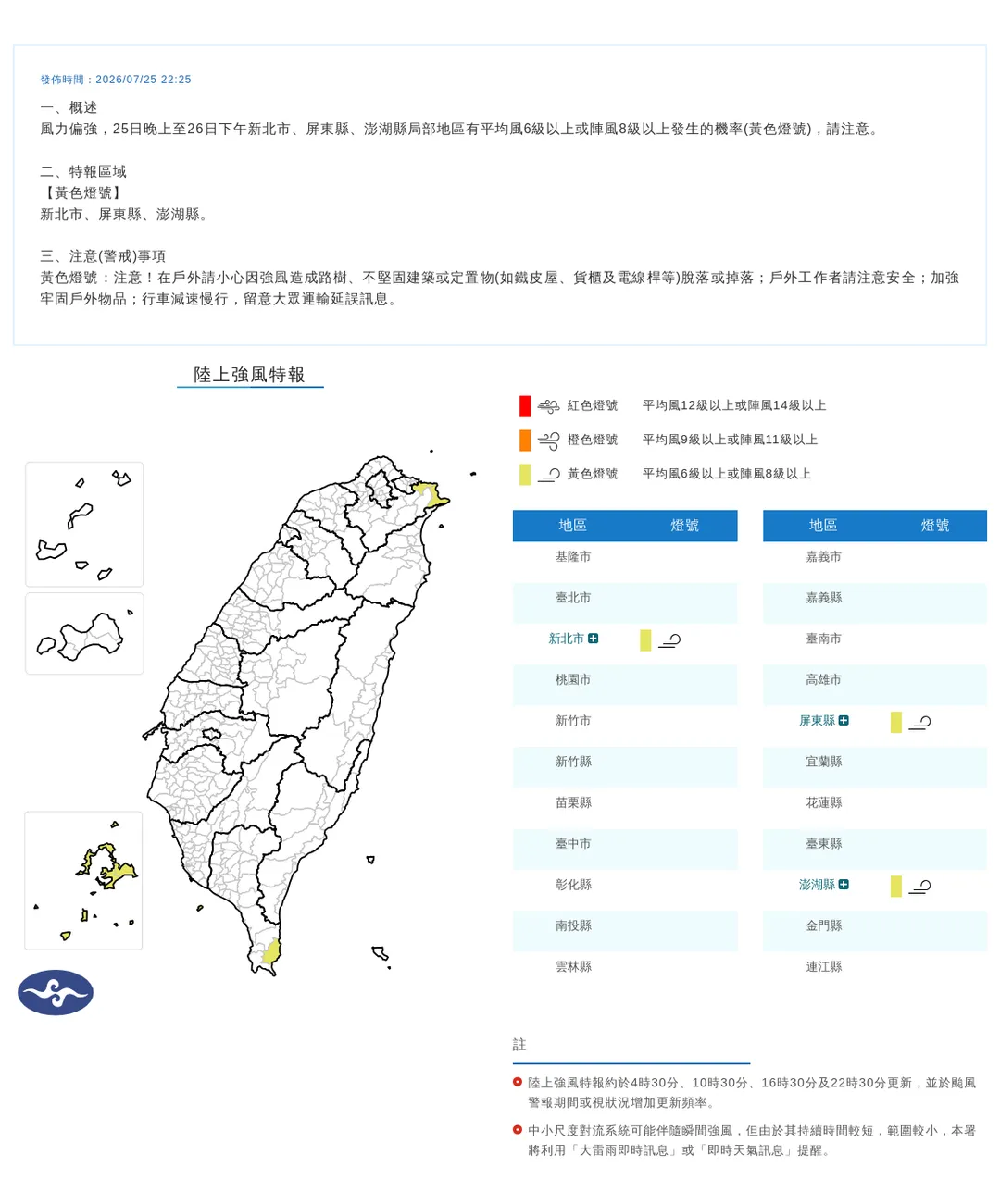中央氣象署於今日22時25分發布3縣市強風特報。(圖/氣象署提供)