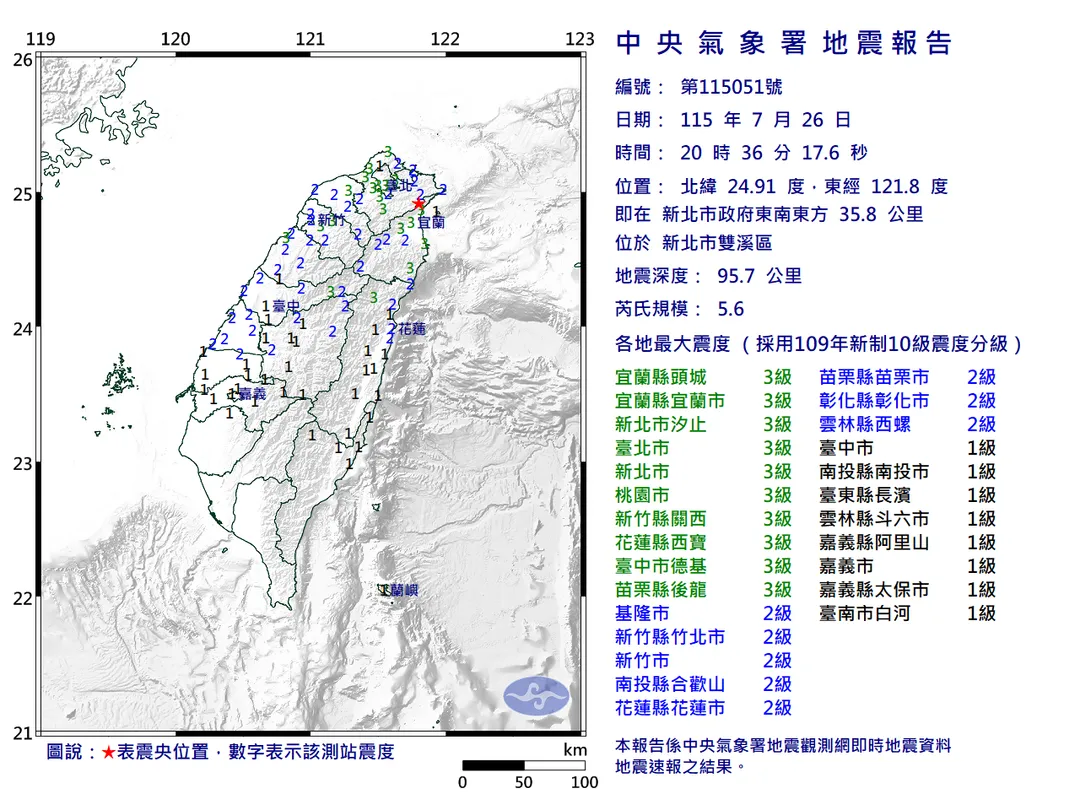 新北雙溪發生有感地震。(圖/氣象署)