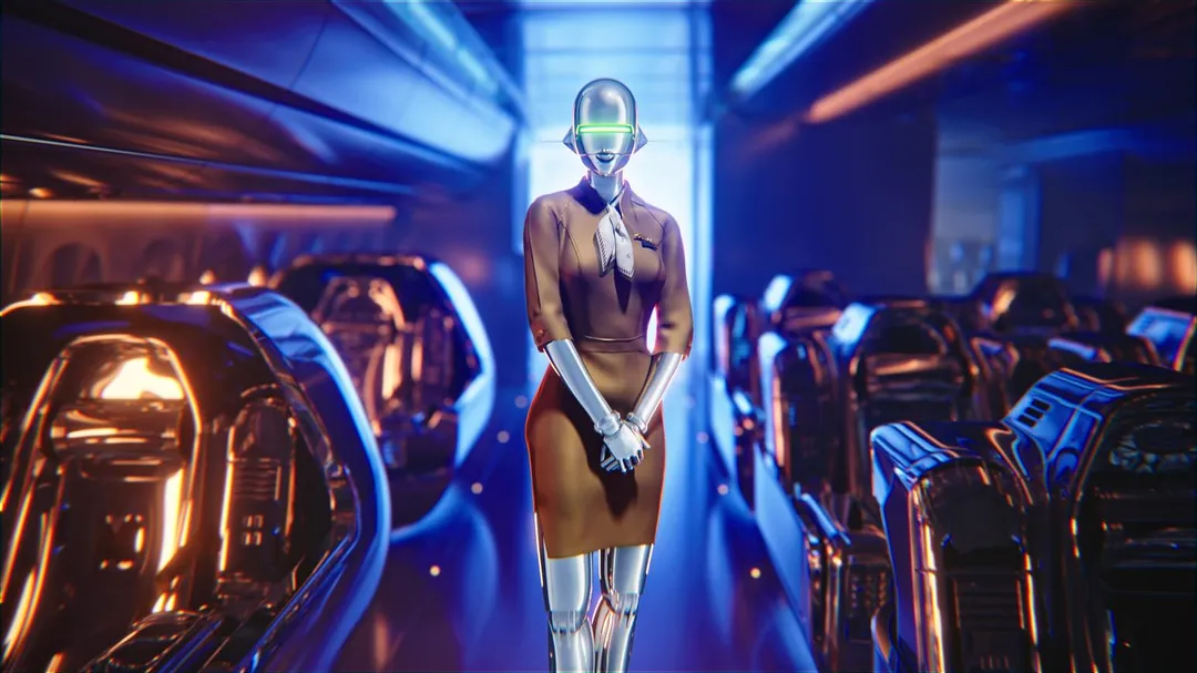 空山基經典代表鉅作 Sexy Robot身著星宇航空空服員制服，以優雅流暢的機械肢體，示範氧氣罩佩戴、安全帶繫妥及緊急逃生等各項安全程序。（圖／星宇航空提供）