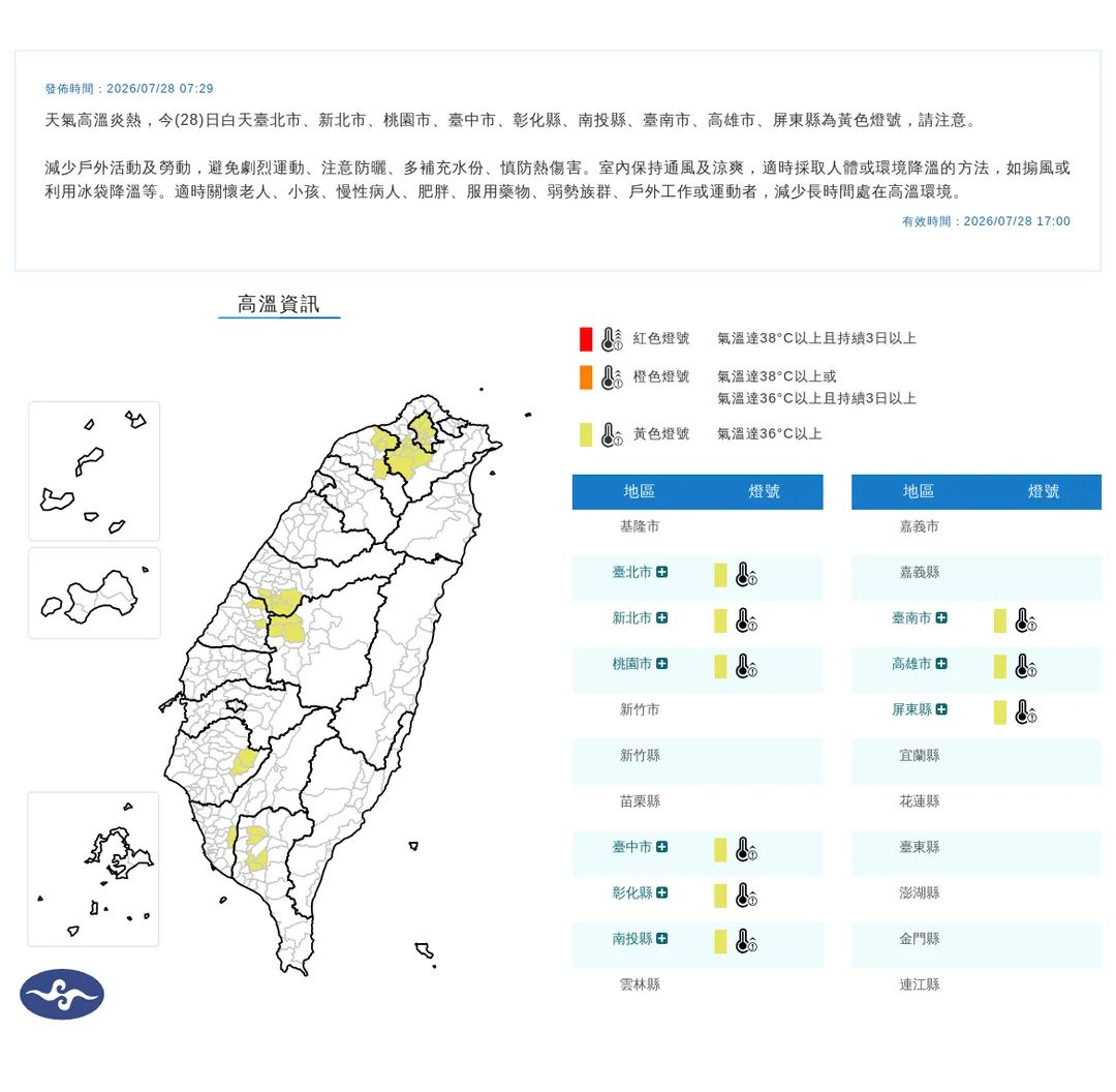 9縣市發布高溫特報。(圖/中央氣象署)
