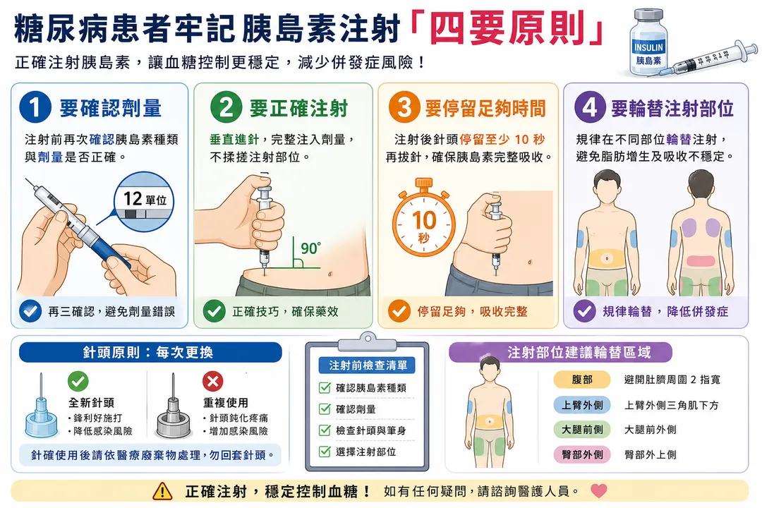王瓊玉提醒,糖尿病患者可牢記胰島素注射「四要原則」。(圖/AI生成圖)