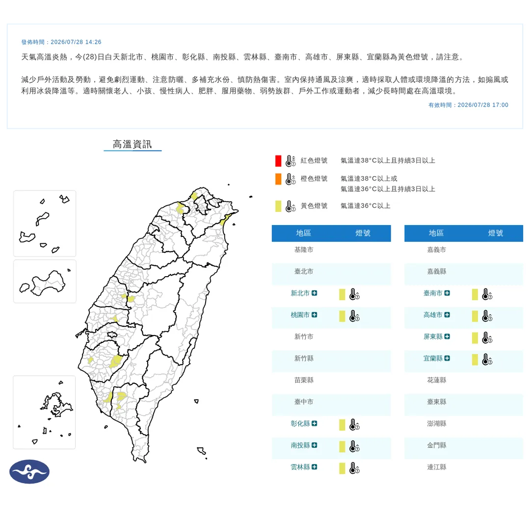氣象署28日發布9縣市高溫資訊，高溫上看36度。（圖／翻攝自中央氣象署官網）