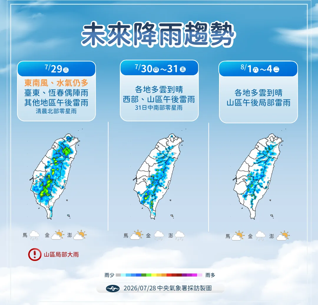 29日環境為東南風加上水氣較多，各地午後可能有雷陣雨。（圖／中央氣象署提供）