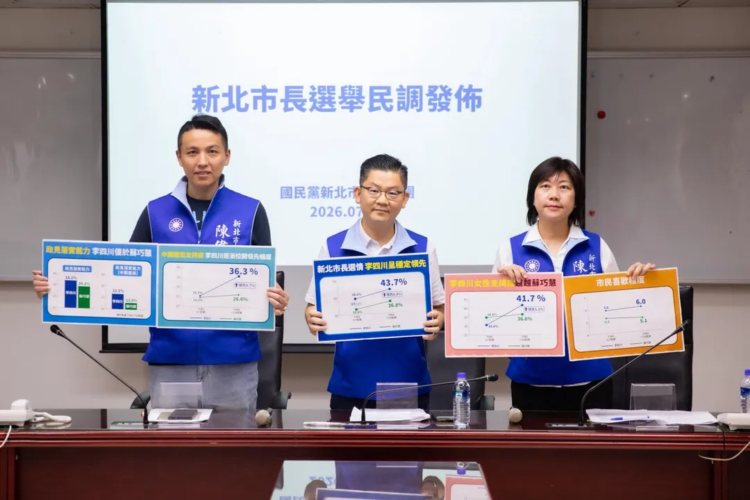 國民黨新北市議會黨團舉行記者會,公布由TVBS所執行的最新一次新北市長選舉民調結果。(圖/新北市議會國民黨團提供)