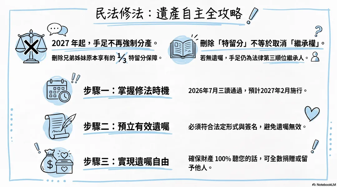 刪除特留分不代表取消繼承權。若未預立有效遺囑，兄弟姊妹仍可依法定順位取得遺產。（圖／AI製表）