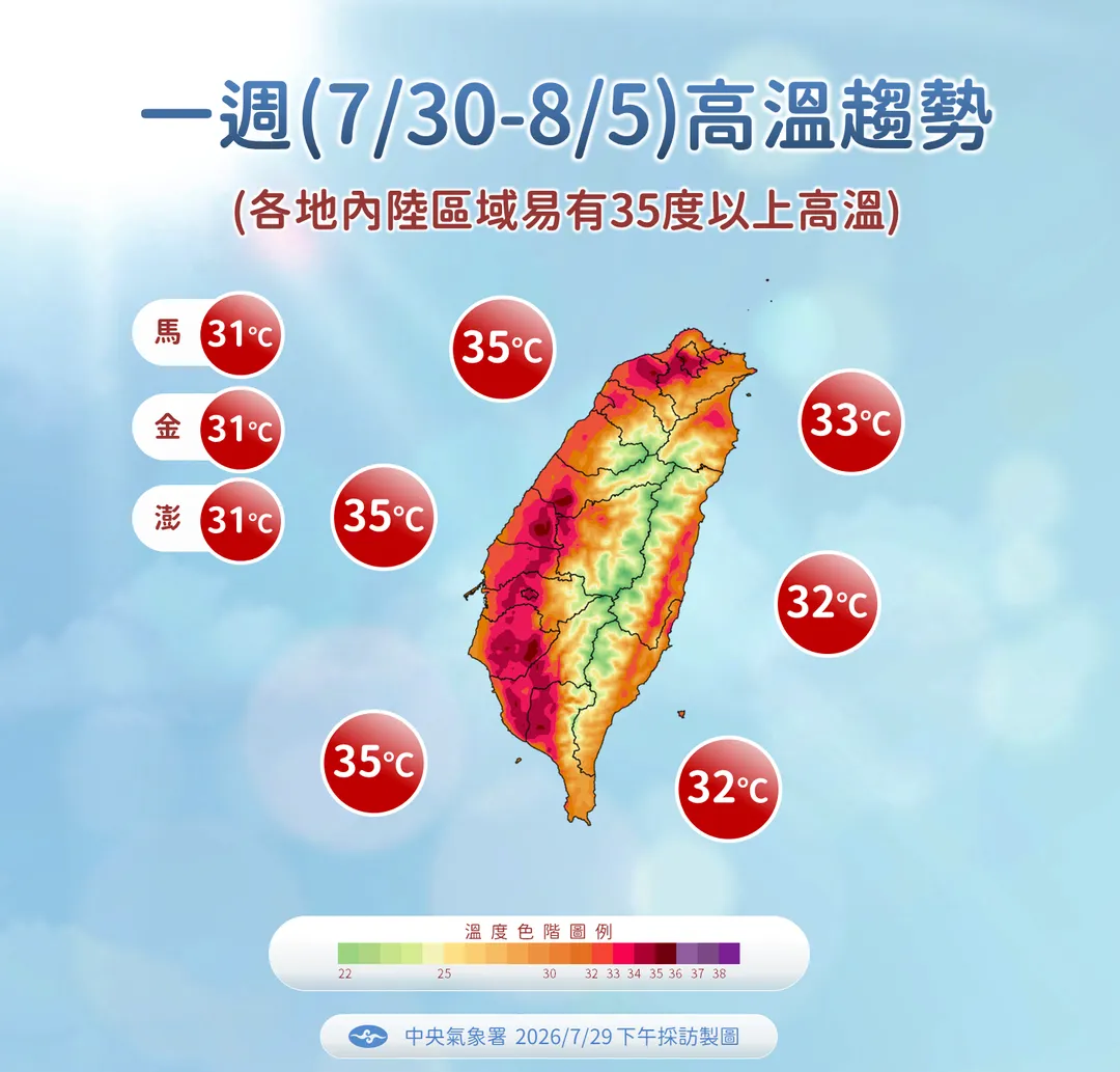 各地內陸區域需留意35度以上高溫。（圖／中央氣象署提供）