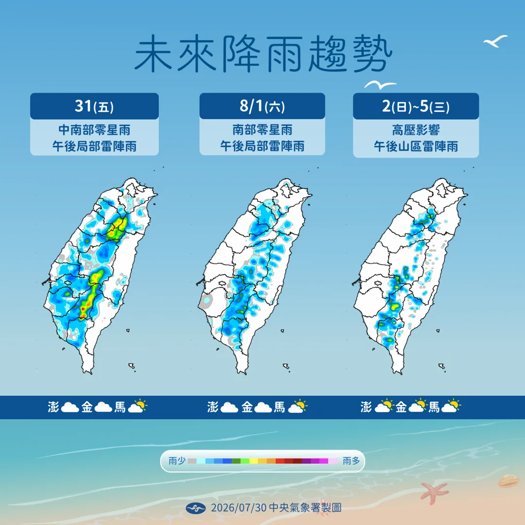 未來1週需注意午後局部雷陣雨，5日起會有白海豚颱風的外圍環流影響，迎風面的北部山區留意下雨天氣。（圖／中央氣象署提供）