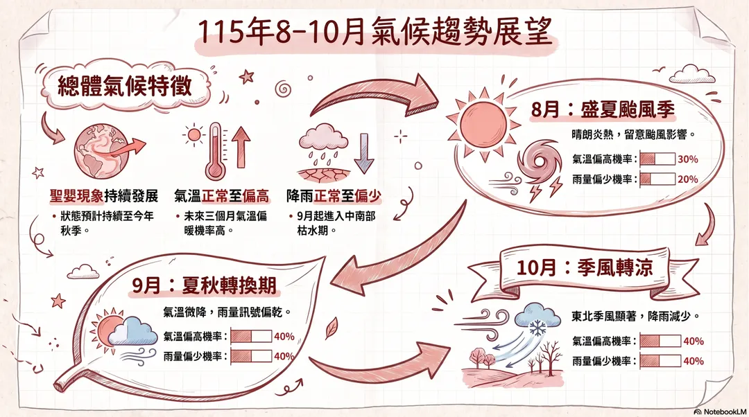 8月至10月進入夏秋轉換期，氣象署提醒9月及10月降水訊號偏乾，中南部將進入氣候上的枯水期。（圖／AI製表）