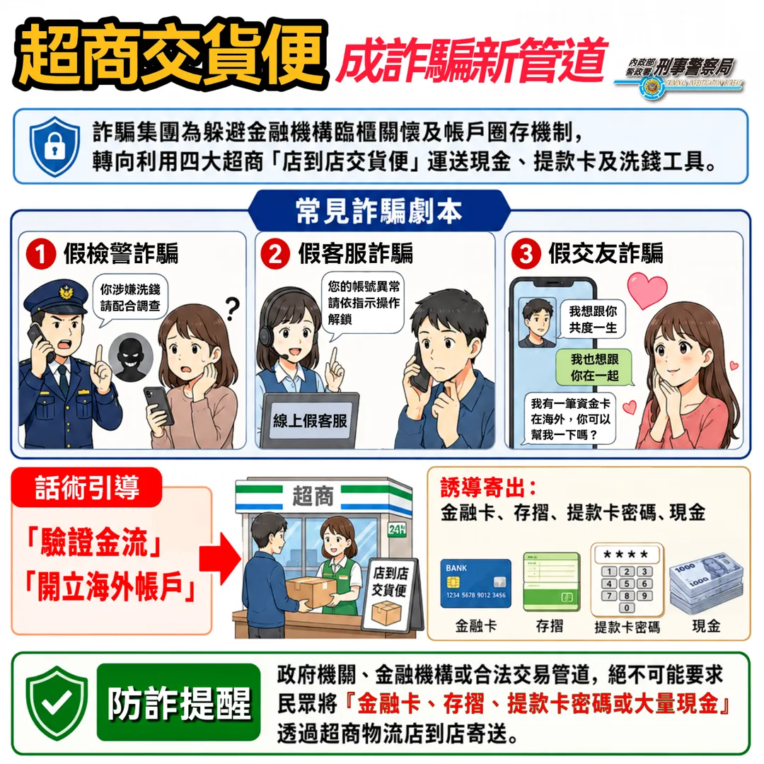 刑事局製作圖卡提醒民眾慎防詐騙。（圖／警方提供）