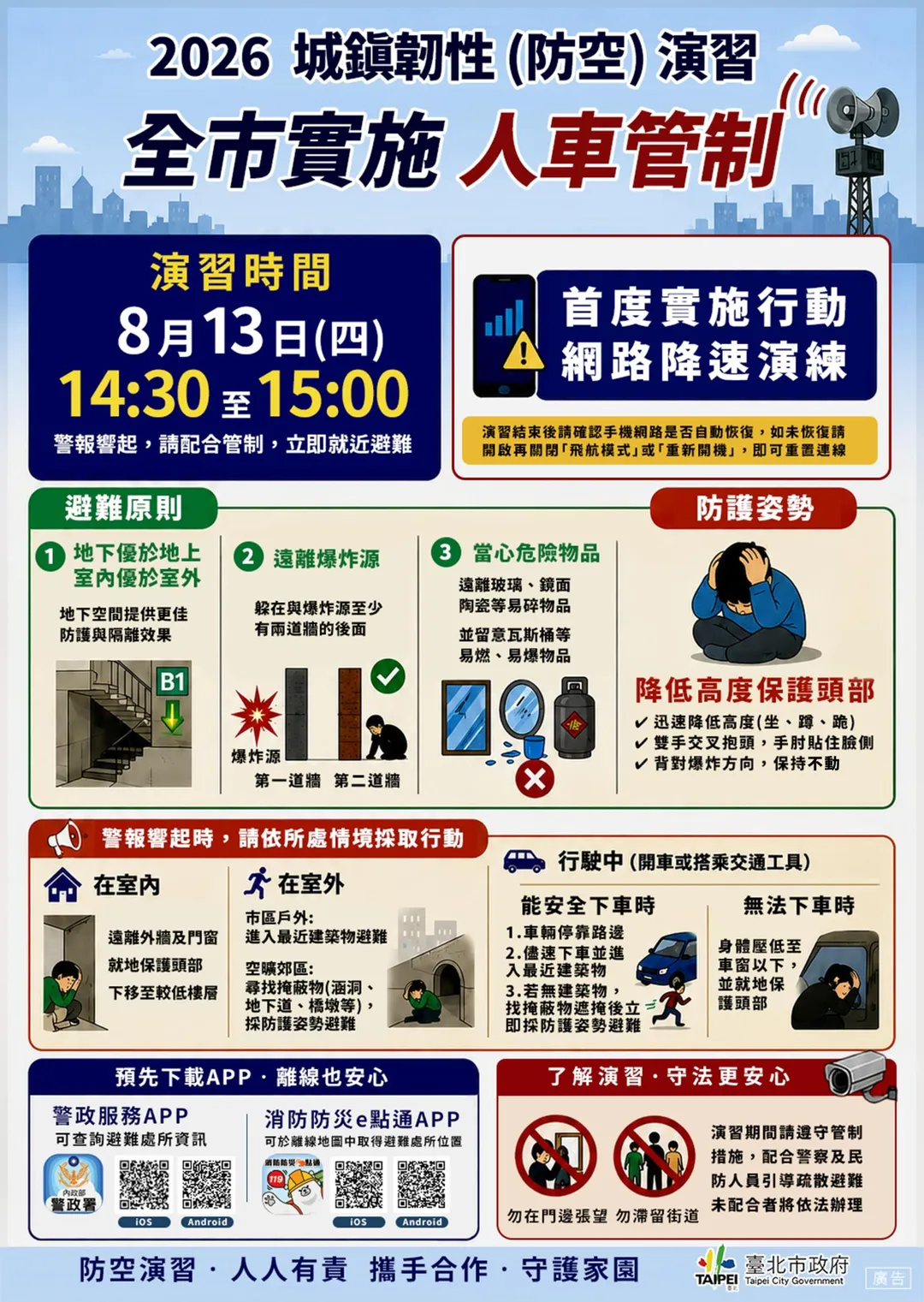 台北市政府針對今（13）日舉行的城鎮韌性演習對民眾發出提醒。（圖／台北市政府提供）