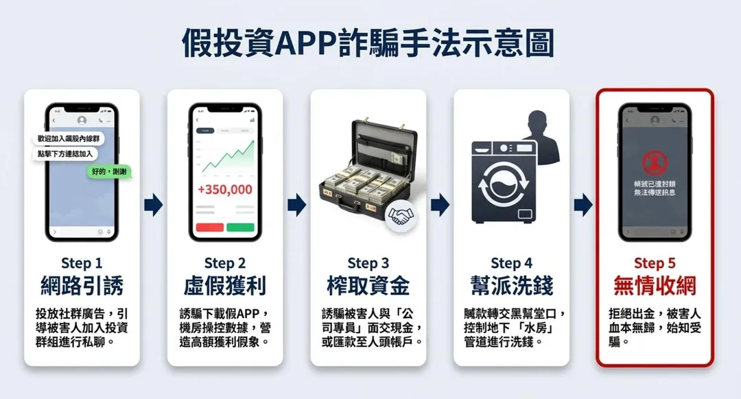 假投資APP詐騙流程。(圖/刑事局提供)