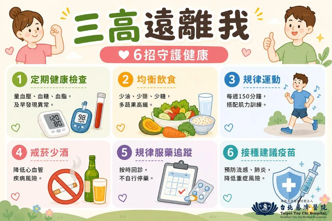 定期篩檢、及早發現、及早治療，配合均衡飲食、規律運動及持續追蹤，有助延緩三高發生。（圖／台北慈濟醫院）