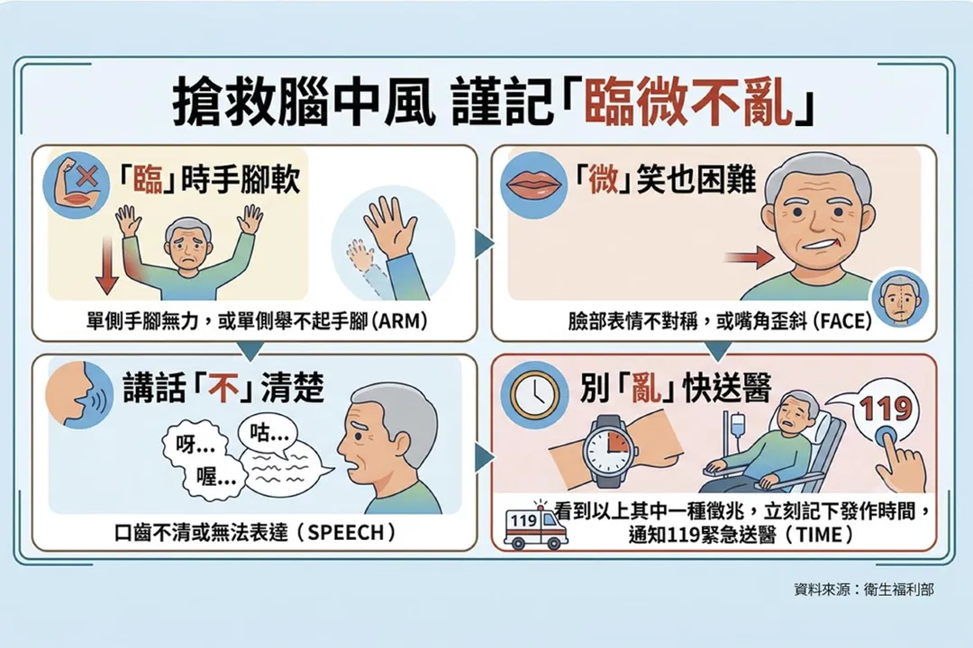 彰基提醒民眾，搶救腦中風謹記「臨微不亂」，及時送醫讓全家都得救。（圖／彰化基督教醫院）