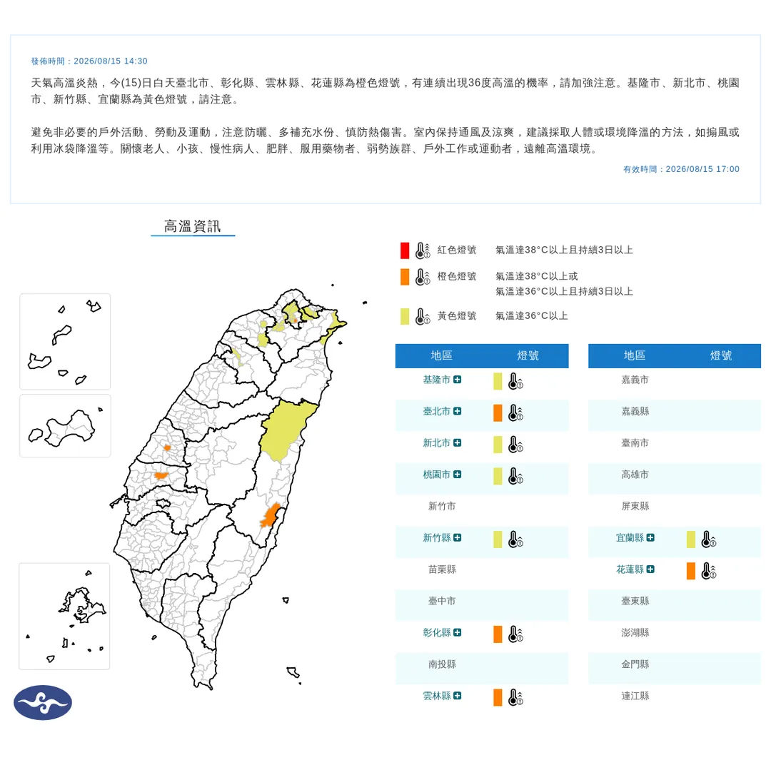 中央氣象署今(15)日14時30分發布9縣市高溫資訊。(圖/中央氣象署提供)