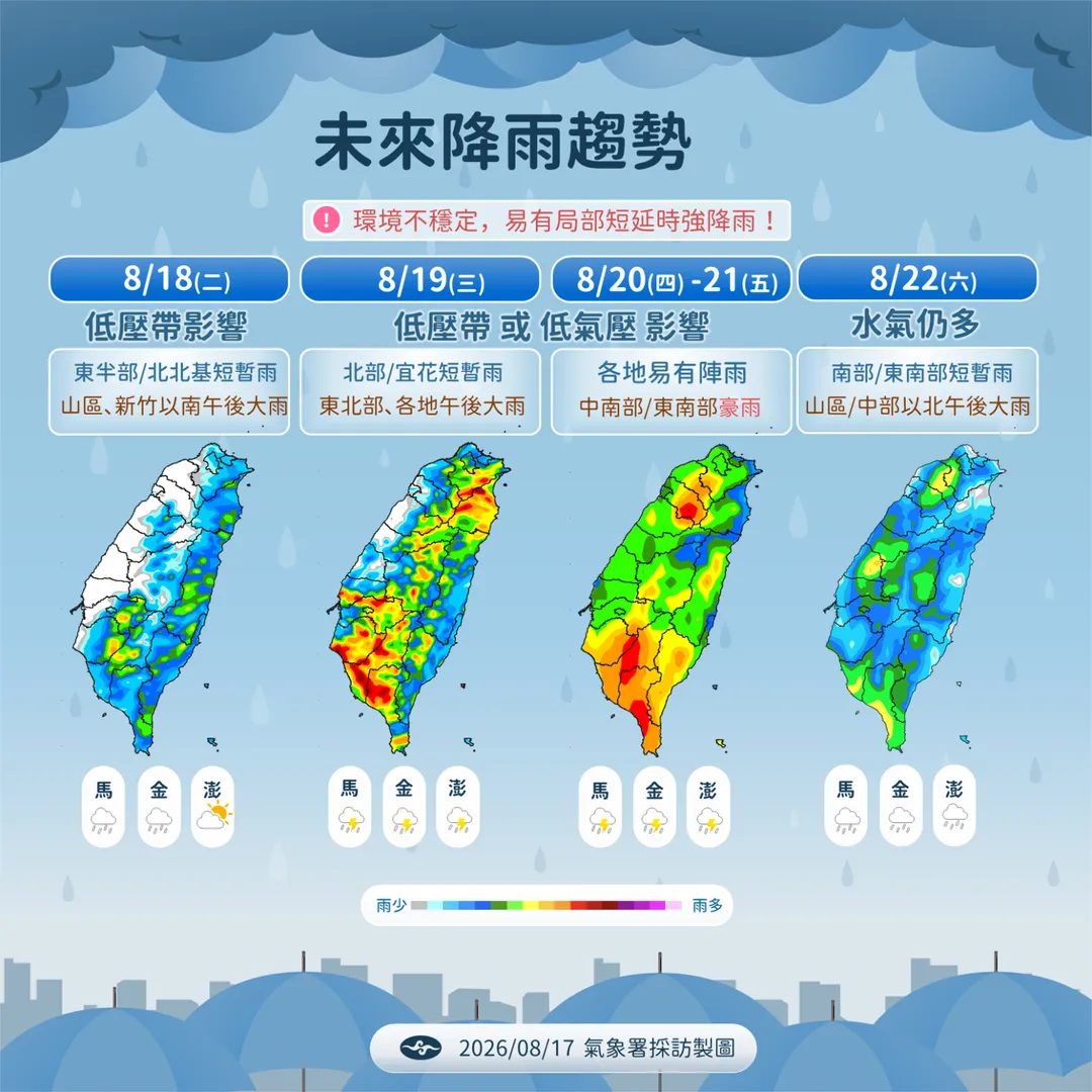 19日晚間起受到低壓帶影響，南台灣易出現局部大雨或豪雨。（圖／中央氣象署提供）