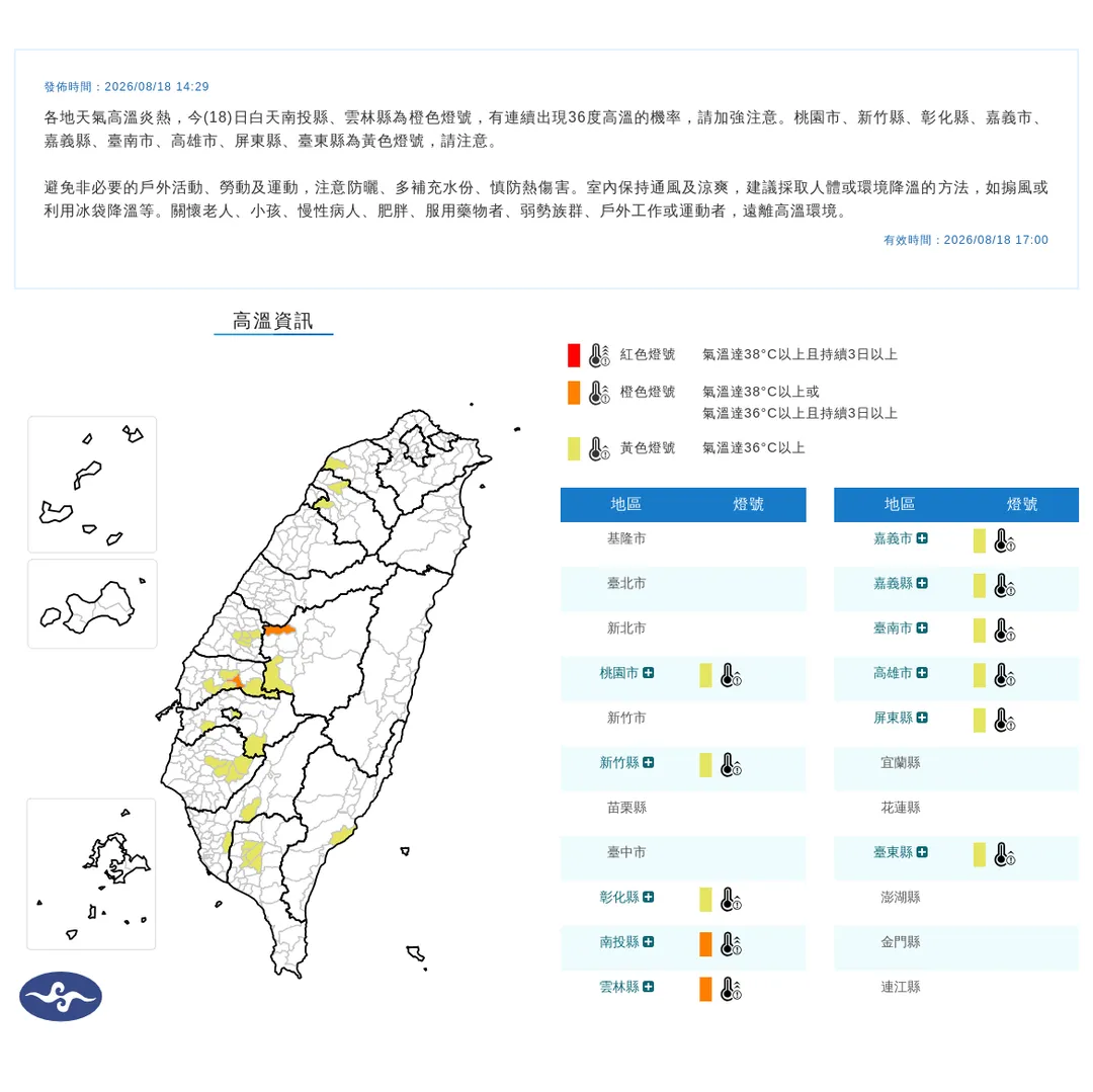 氣象署18日下午發布11縣市高溫資訊，全台最高溫達37.1度。（圖／翻攝自中央氣象署官網）