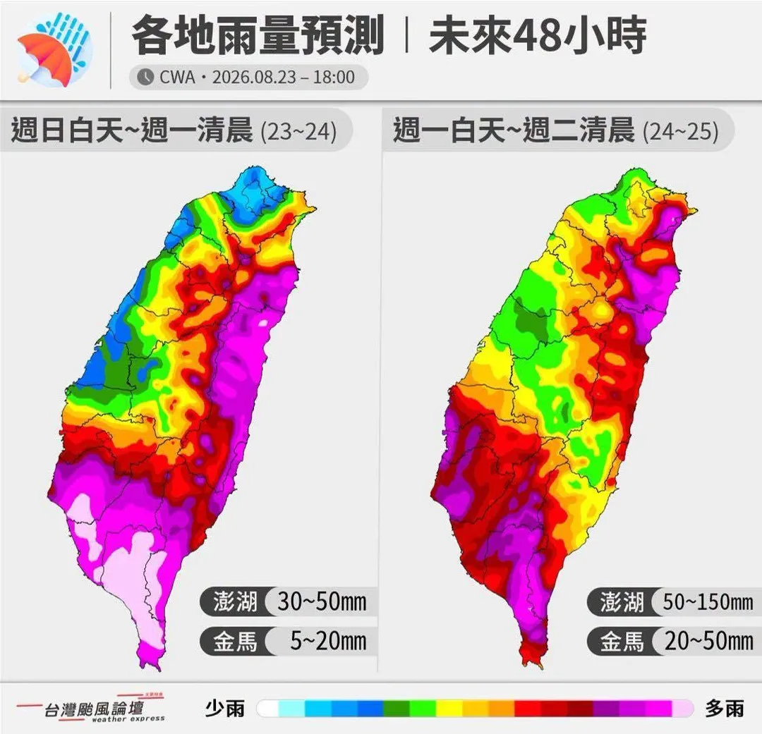 南部雨量將會非常可觀。（圖／翻攝自「台灣颱風論壇｜天氣特急」臉書粉專）