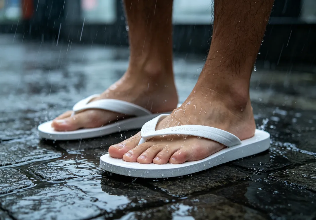 人字拖及鬆垮拖鞋同樣不適合雨天行走，因為鞋子無法固定腳跟，腳掌容易在鞋內滑動，踩進積水時也可能鬆脫。（示意圖／AI生成圖）