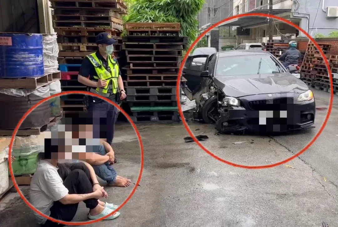 案發現場，車上的2名共犯（左紅圈處）也被警方一併逮捕。（圖／中天新聞）
