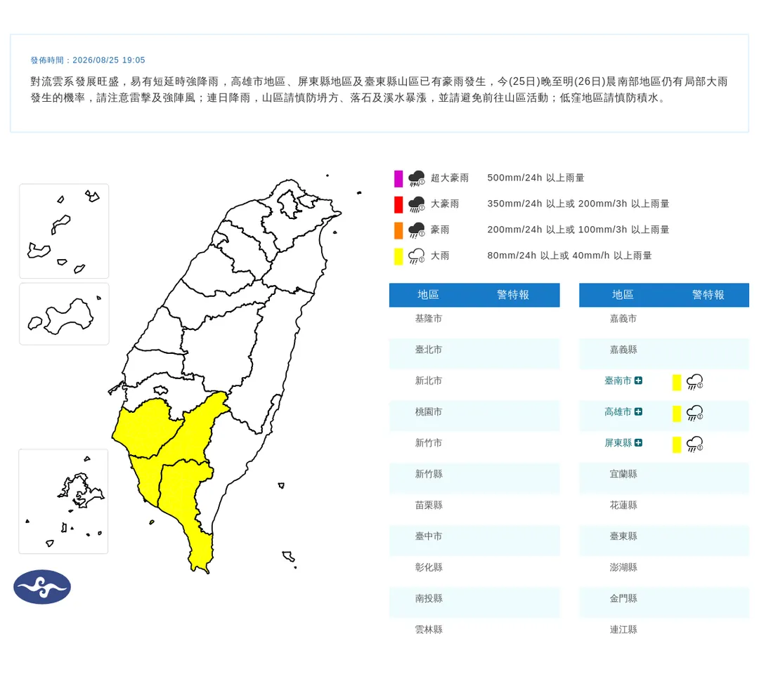 南高屏大雨特報。（圖／氣象署）
