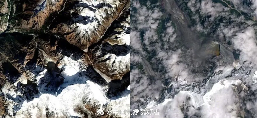 衛星照顯示尼泊爾境內朗當利龍峰北側缺了一塊。（圖／翻攝微博「中國氣象愛好者」）