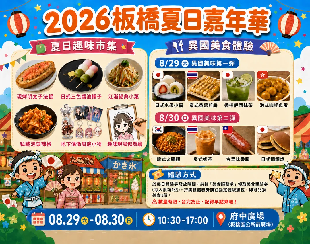 二天活動公所每日限量提供香檸靜岡抹茶、泰式香蕉煎餅、港式咖哩魚蛋、韓式火雞麵、銅鑼燒等美食。（圖／板橋區公所提供）