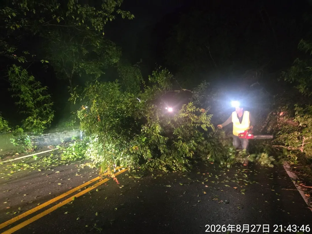 台14線76.9公里處發生土石滑坡並有路樹傾倒，導致道路雙向無法通行。（圖／中天新聞）