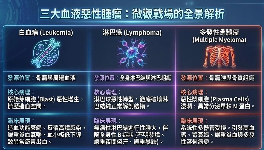 白血病、淋巴癌與多發性骨髓瘤為常見的三大血液癌症，其中，據國健署112年癌症登記資料，台灣一年約有3,200多人被診斷為白血病。（圖／台北慈濟醫院）