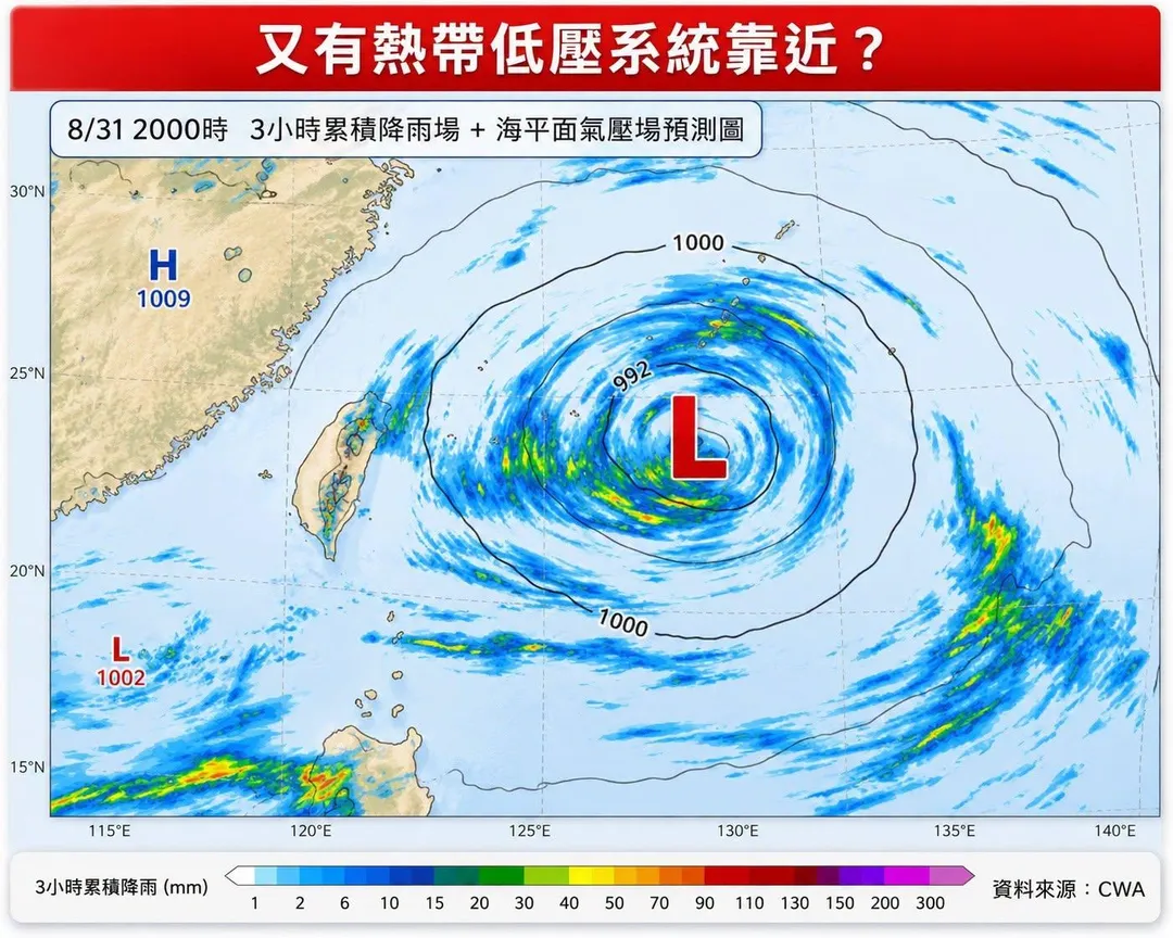 林得恩指出，東部外海又有一個新的熱帶低壓系統生成並靠近。（圖／翻攝自林老師氣象站臉書）