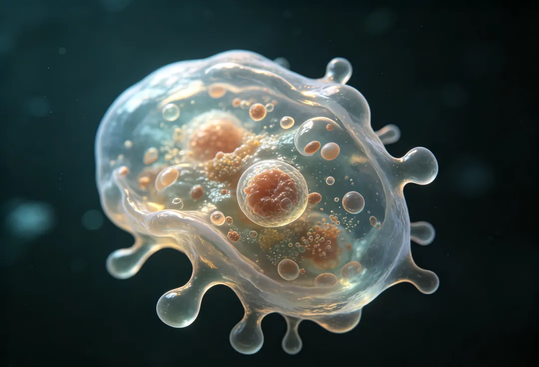 福氏內格里阿米巴原蟲(Naegleria fowleri)俗稱「食腦變形蟲」,可引起原發性阿米巴腦膜腦炎。(示意圖/AI生成圖)