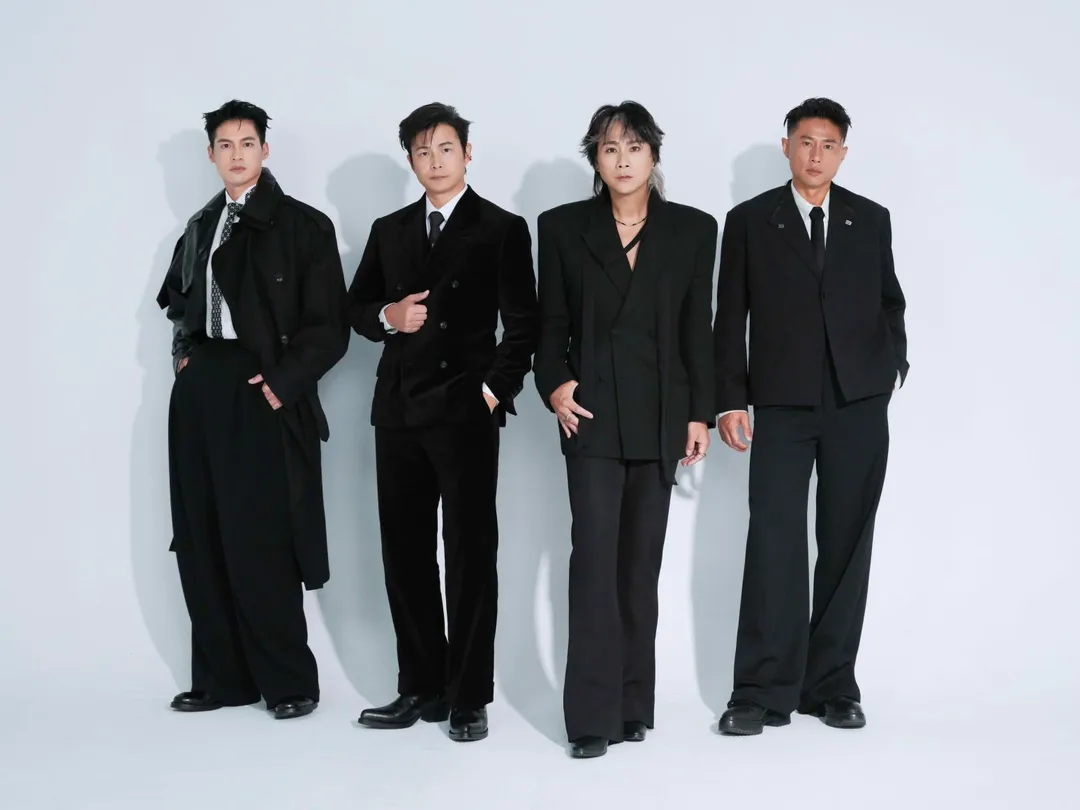許孟哲（左起）、孫協志、王仁甫、彭小刀宣布啟動5566《NEVER DIE 永不落幕》世界巡迴演唱會。（圖／通達量能文體提供）