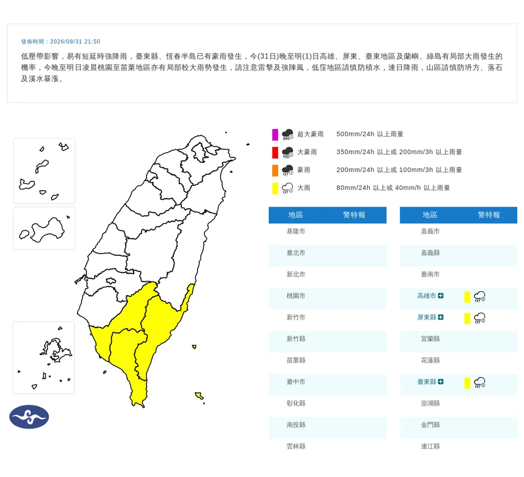 高屏、台東大雨持續下到9月1日，氣象署發布大雨特報。（圖／翻攝自中央氣象署官網）