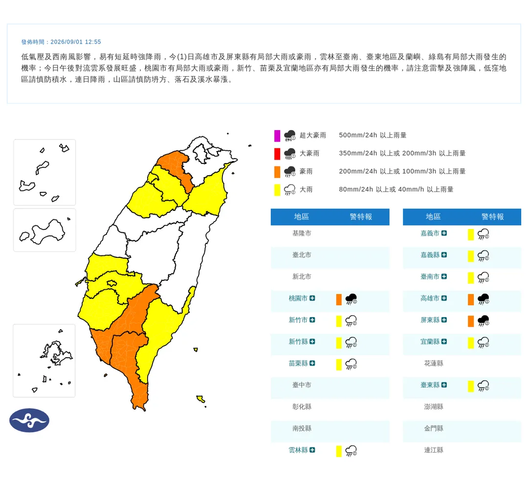 受低氣壓及西南風影響，中央氣象署今日下午12時55分針對多地示警。（圖／中央氣象署）