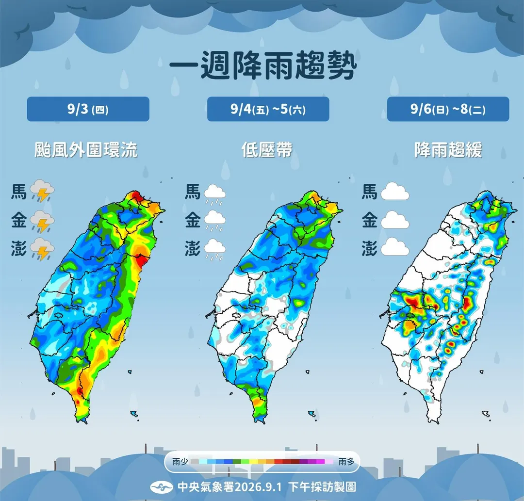 颱風外圍環流和低壓帶影響到本週末,各地雨勢將於下週起減緩。(圖/中央氣象署提供)