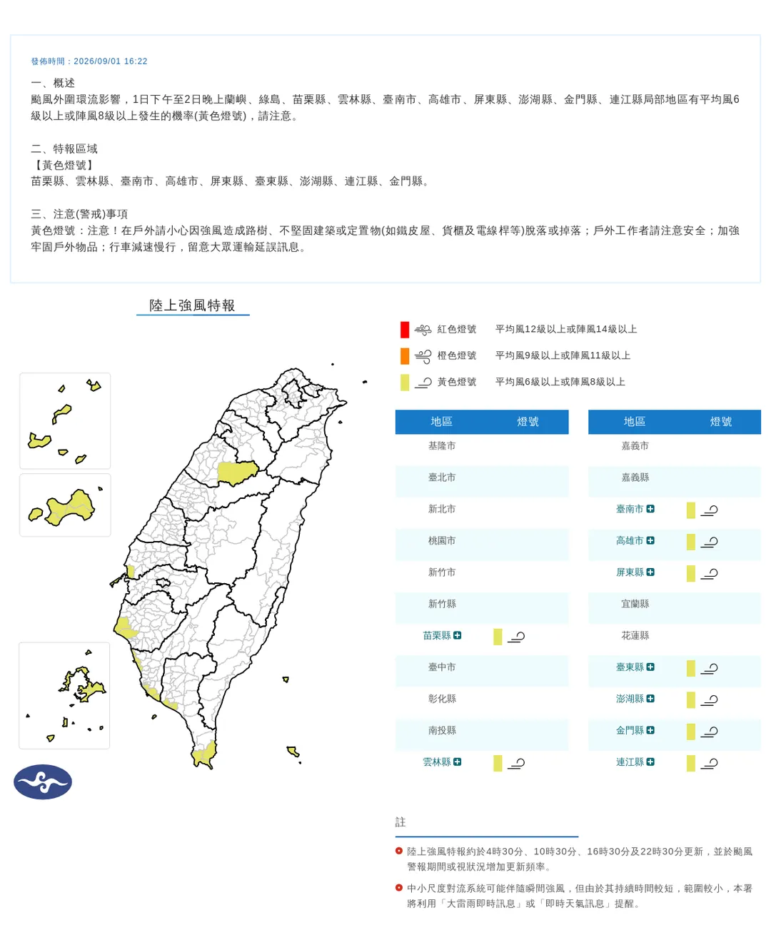 氣象署1日發布9縣市陸上強風特報，8級強陣風將持續到2日入夜。（圖／翻攝自中央氣象署官網）
