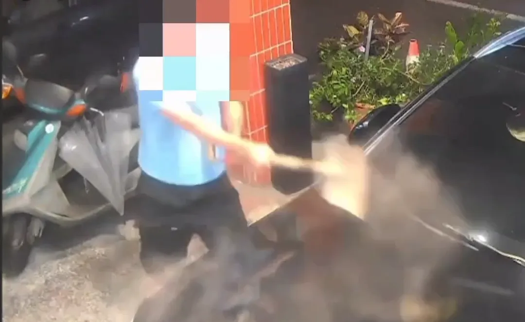 花蓮31歲王姓男子持鐵鏟猛砸賓士，引擎蓋遭重擊後揚起大量煙塵。（圖／翻攝畫面）
