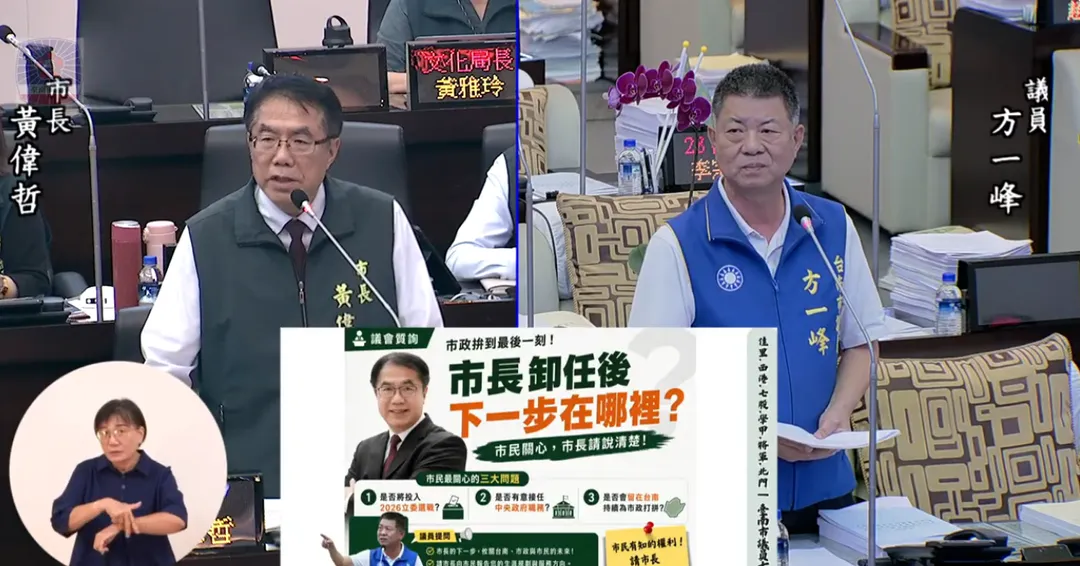 黃偉哲2日在被方一峰質詢卸任後動向。（圖／翻攝台南市議會YT）