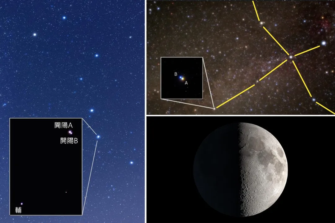 天文館9月週六夜間觀賞目標,左為北斗七星與開陽雙星(Fujian、Pete Lawrence攝),右上為輦道增七(李合峰、吳昆臻攝),右下為月球。(圖/台北天文館)
