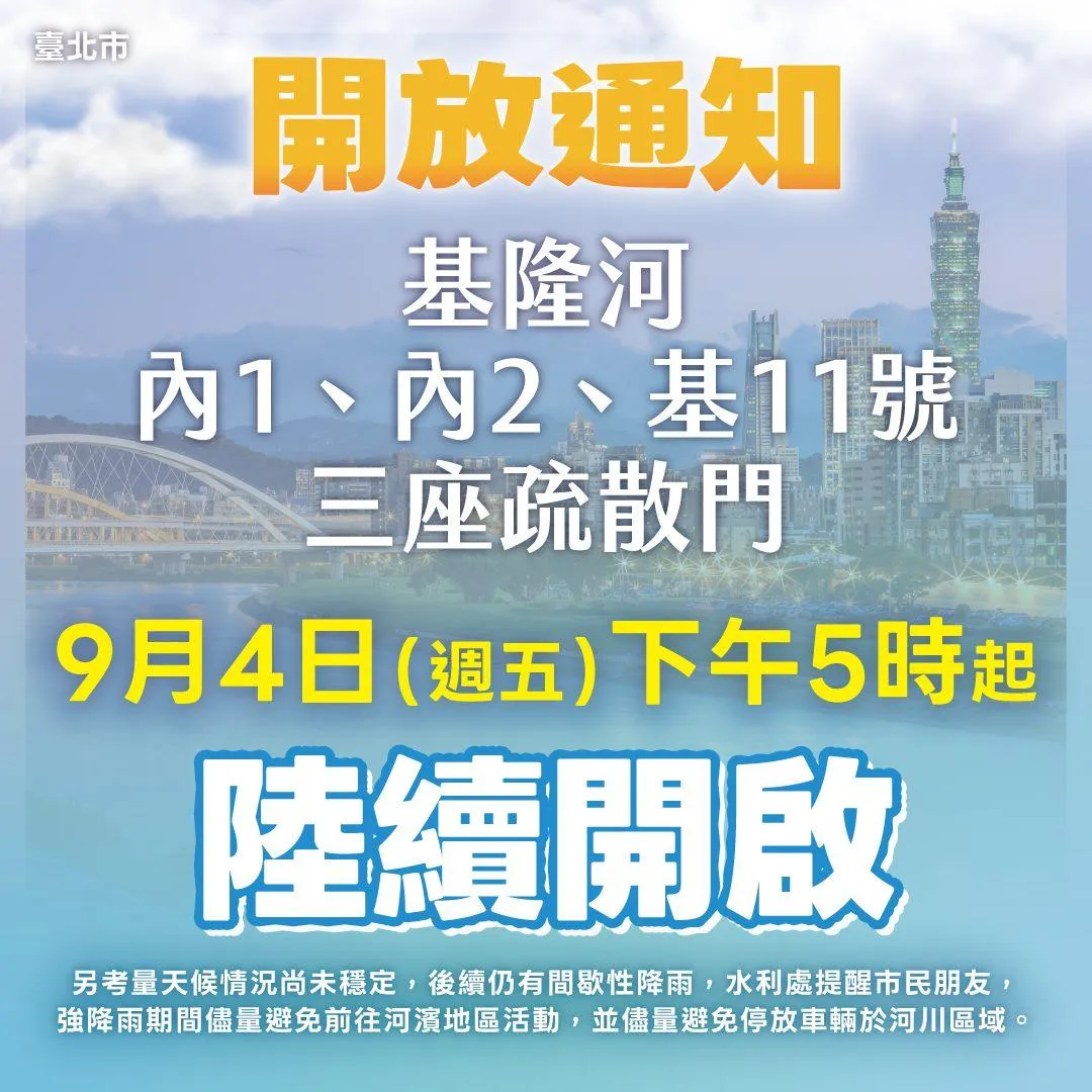 台北市水利處宣布4日傍晚5時起陸續開啟基隆河3處疏散門。（圖／台北市政府提供）