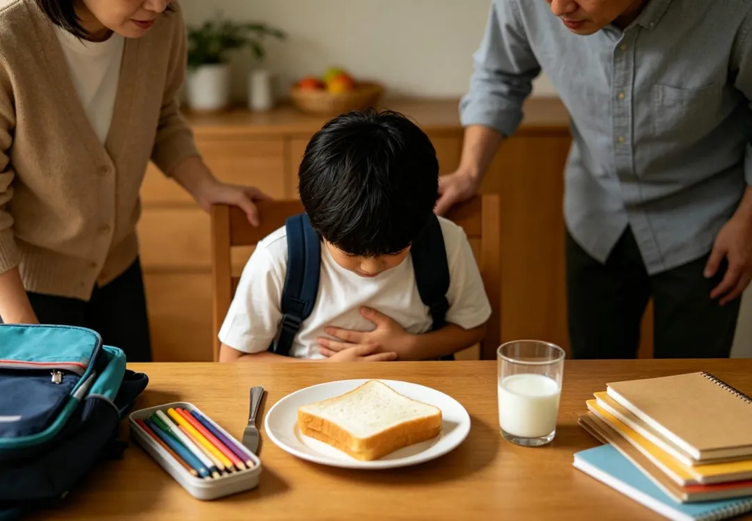 孩子一開學就喊肚子痛、吃不下早餐，回家還鬧脾氣、不願寫作業，家長先別急著責罵！（示意圖／AI生成圖）