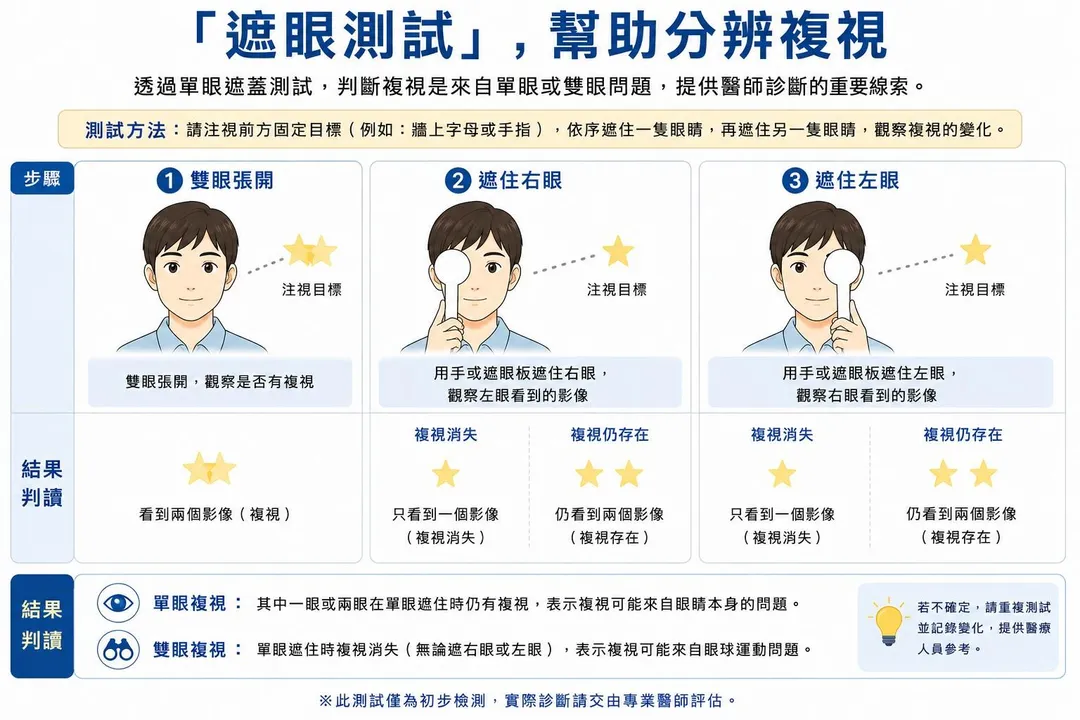 「遮眼測試」幫助分辨複視。（圖／羅元璟醫師提供）