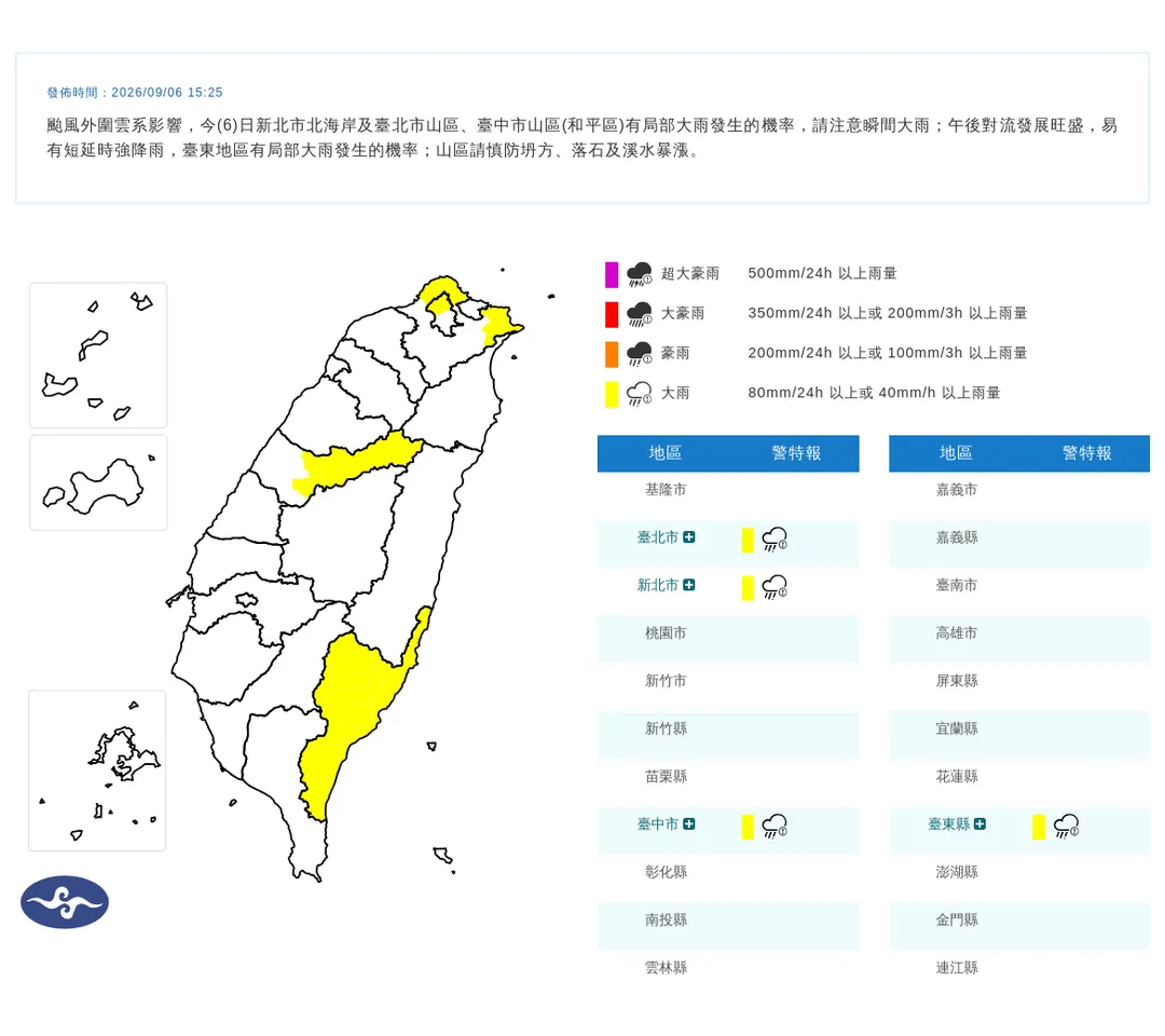 颱風外圍雲系6日持續造成降雨,氣象署6日下午發布4縣市大雨特報。(圖/中央氣象署提供)