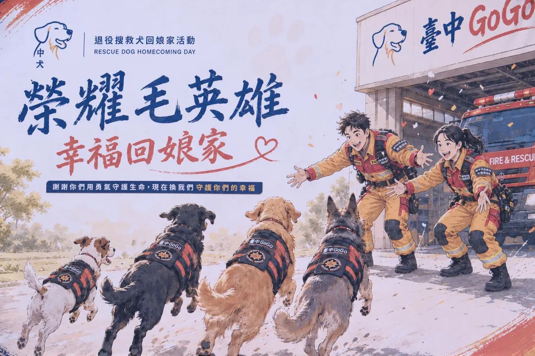 台中市消防局今（6）日舉辦「退役搜救犬回娘家活動。（圖／台中市政府消防局提供）