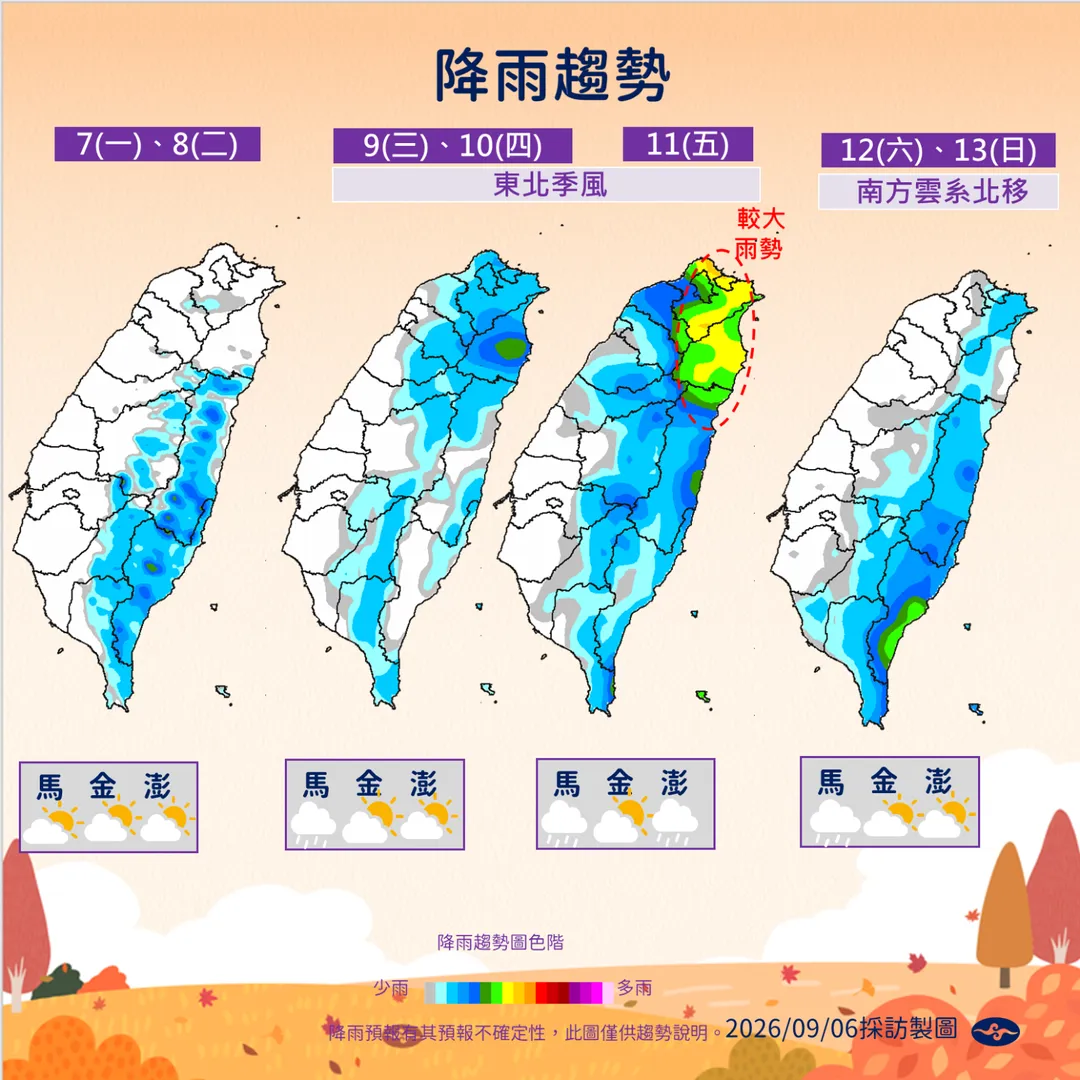 東北季風將在本週後半期帶來較大雨勢，北部和東部要多加留意。（圖／中央氣象署提供）