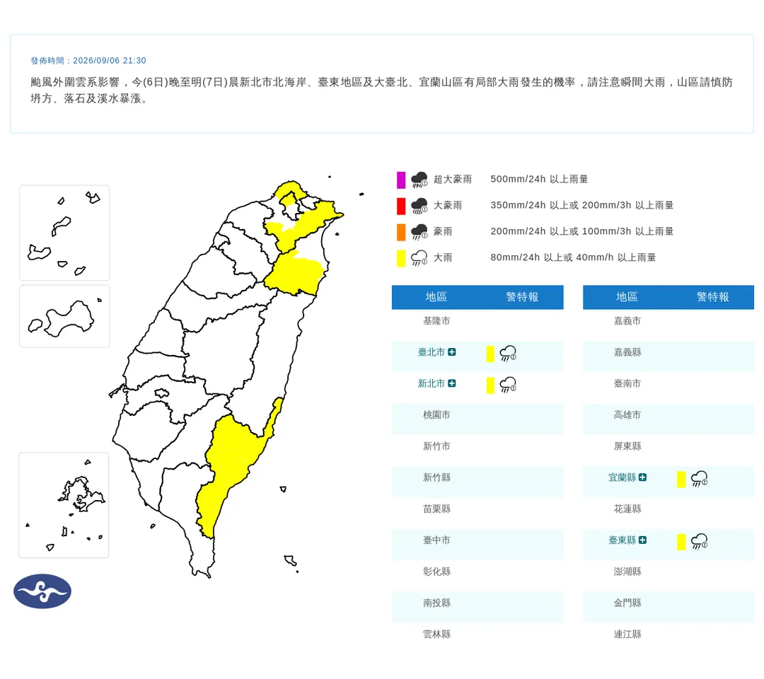 科羅旺颱風外圍雲系持續影響，雙北、宜蘭、台東6日晚間的大雨將持續到7日白天。（圖／中央氣象署提供）