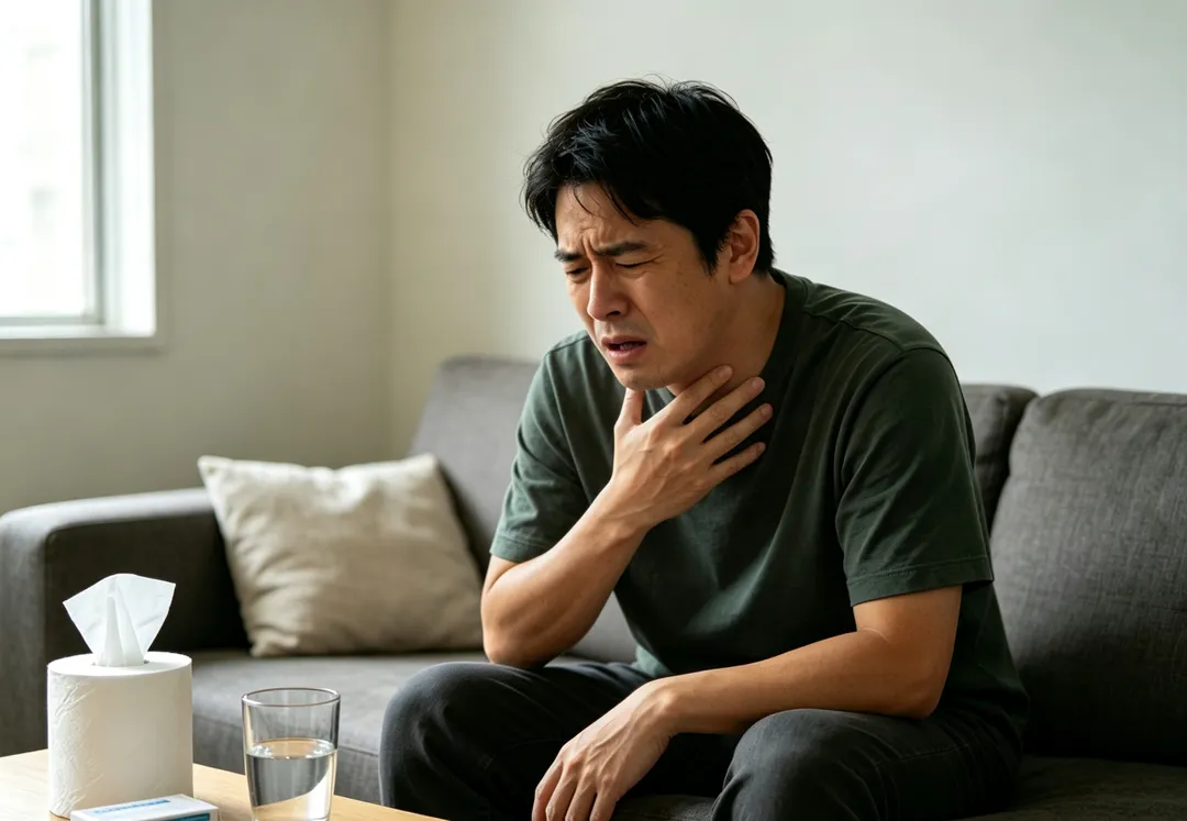 感冒時的「卡痰感」不一定來自肺部，鼻涕倒流、口乾及咽喉發炎都可能造成類似感覺。（示意圖／AI生成圖）
