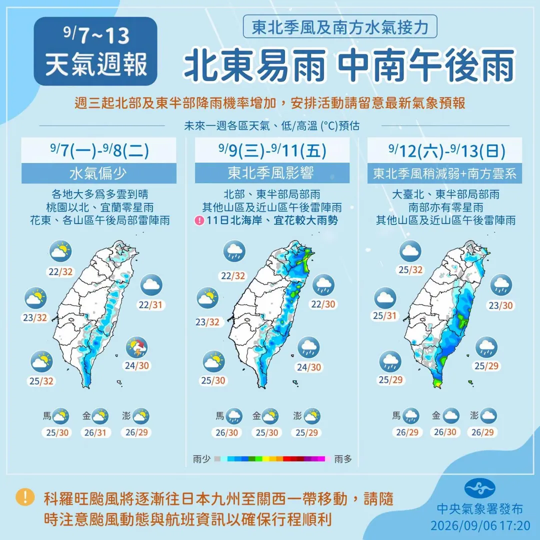 中央氣象署發布未來降雨趨勢,明起迎風面北部與東半部轉局部雨,11日北海岸及宜花防較大雨勢。(圖/中央氣象署)
