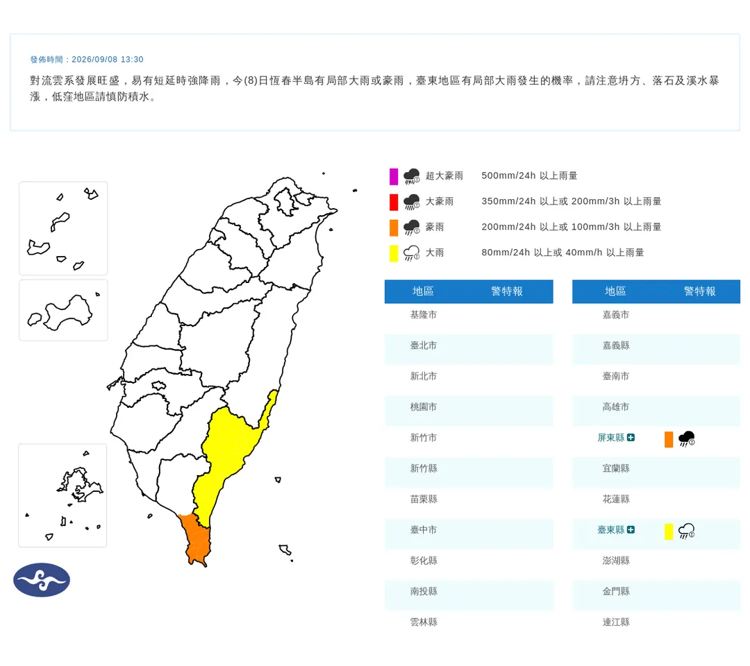 中央氣象署今(8)日發布豪雨特報與災防告警,恆春半島防豪雨,臺東防大雨。(圖/氣象署)